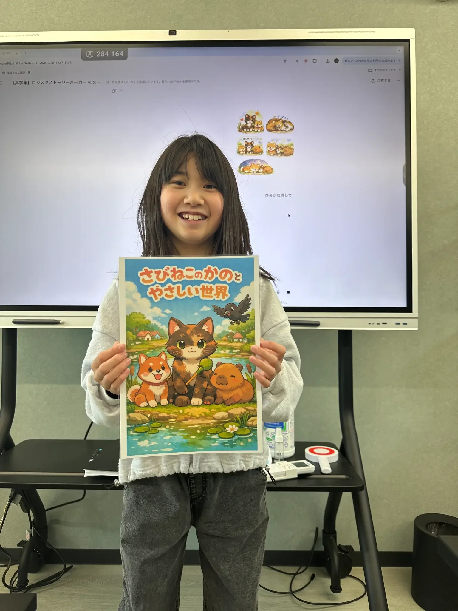 自分で作った絵本を持って笑顔を見せる子ども