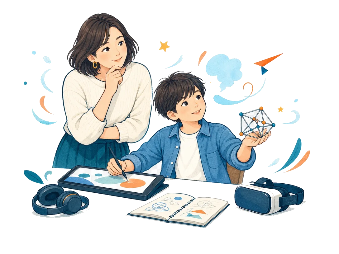 好きなことに夢中になれる場所を探す親子のイラスト